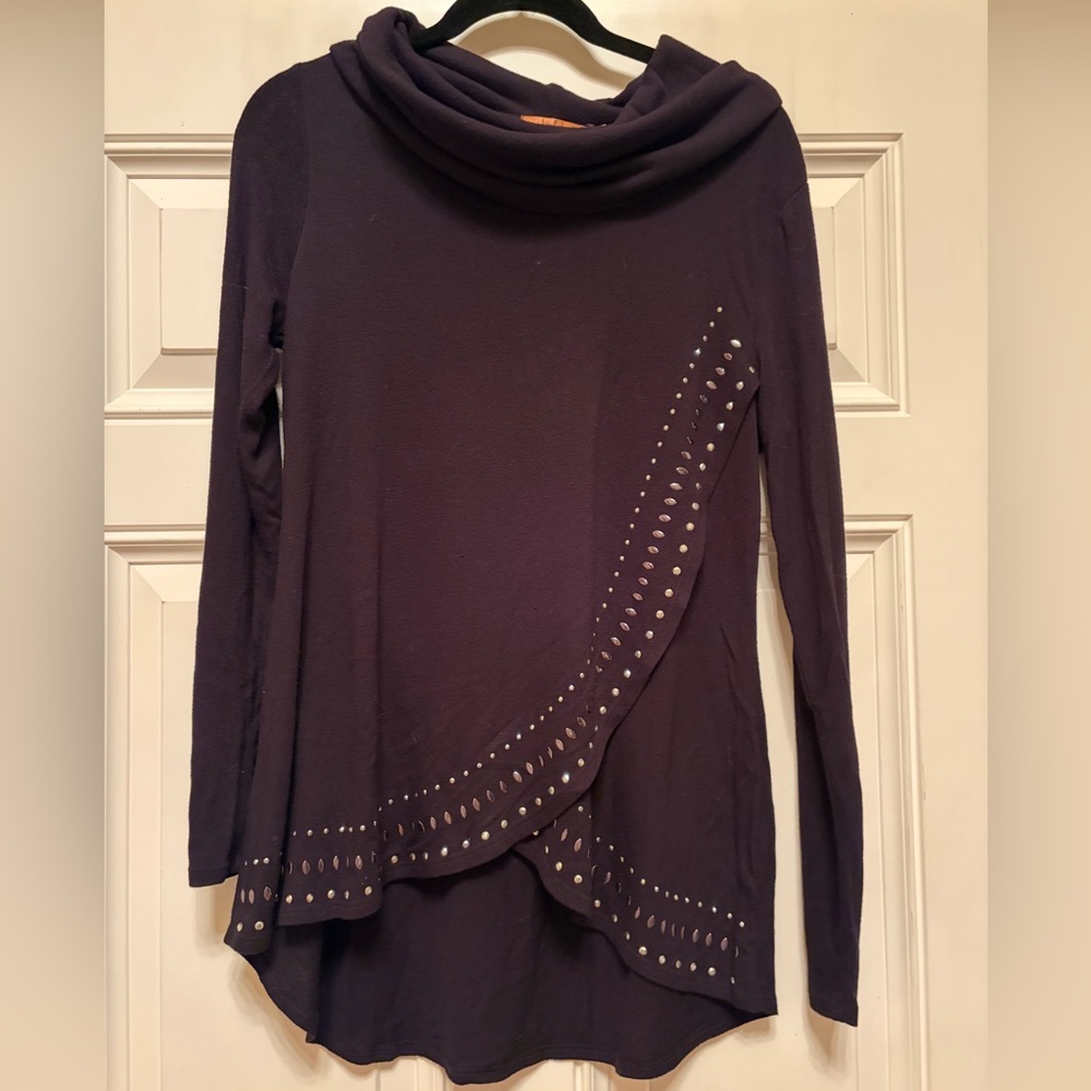 Belldini Bedazzled Crossover Y2K Grunge Black Cowl Neck Long Sleeve Top